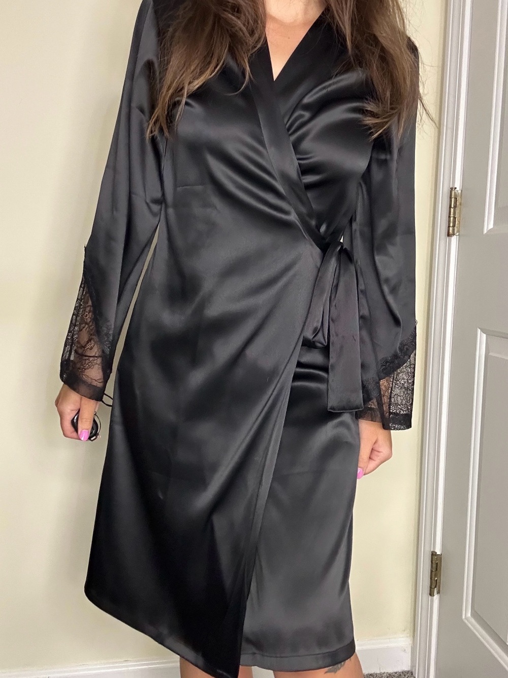 Victoria's Secret Black Satin Lace-Trim Wrap Robe